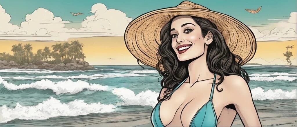 emmy rossum in a bikini on a beach having fun