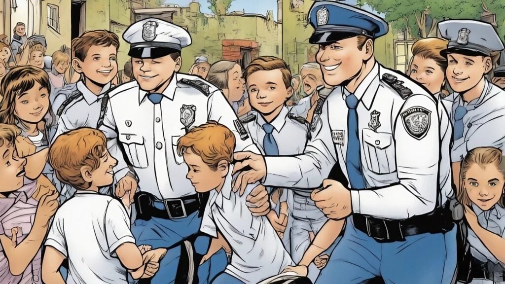 policeman helping kids