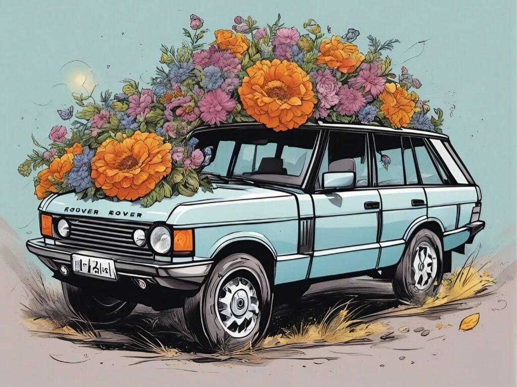range rover with huge flower bouquet on top