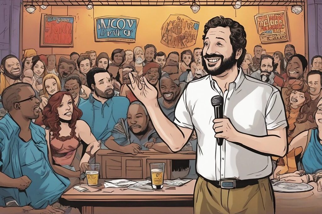 Judd Apatov doing a stand-up comedy in a club