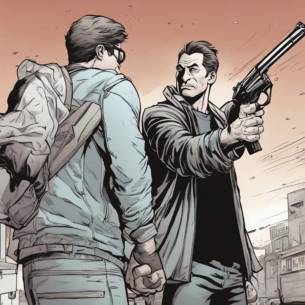 man with the gun and another man telling him to drop the gun 