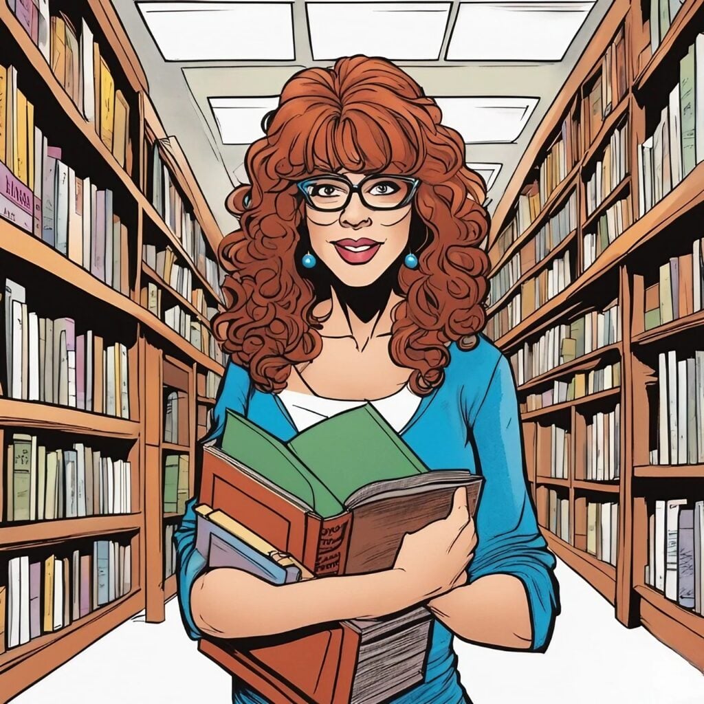 paula jones holding books in the library