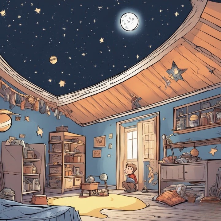 young boy looking at the roof where he sees the sky full of stars and moon and planets