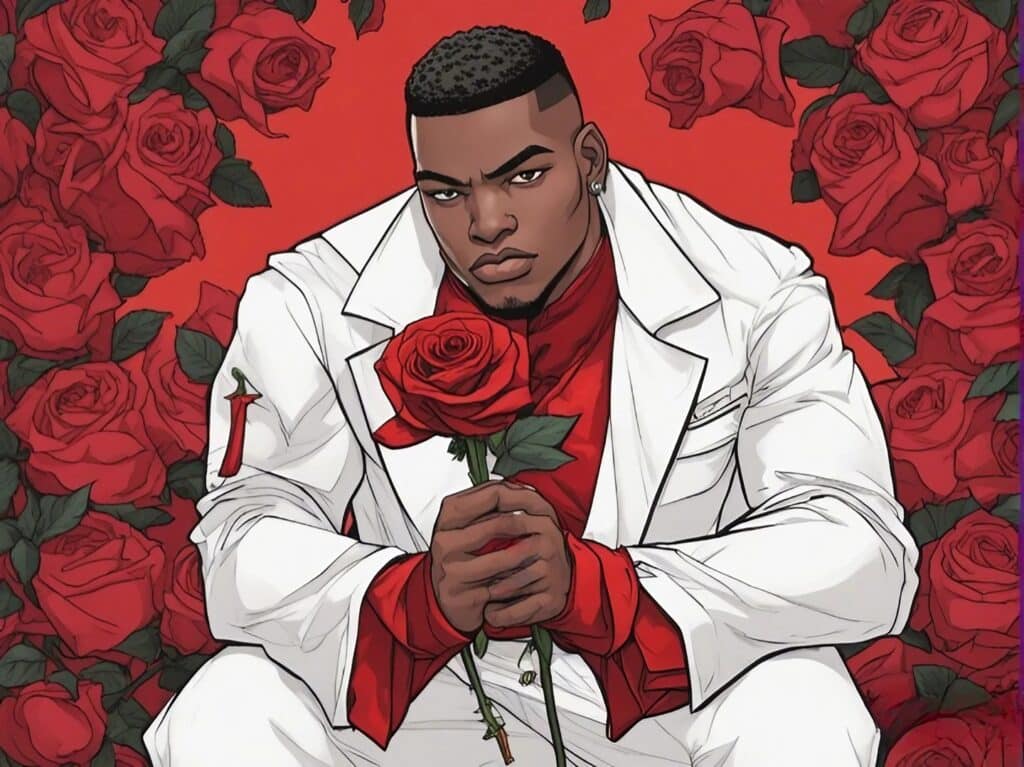 yk osiris wearing matador's white clothes and holding red rose, red roses in the background