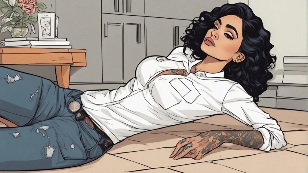 kehlani laying on the floor, white shirt and jeans