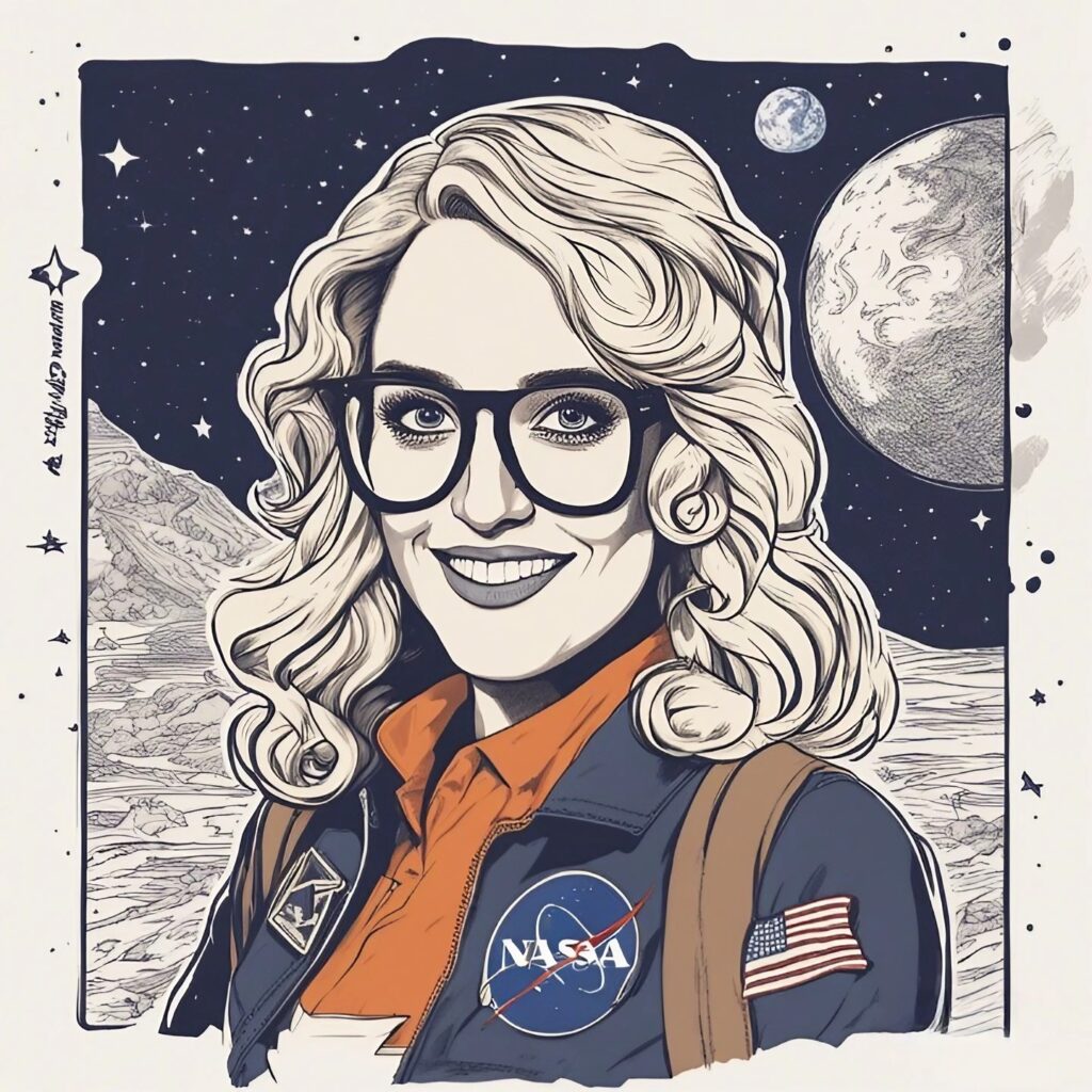 kat timpf with nasa clothing and moons in the background