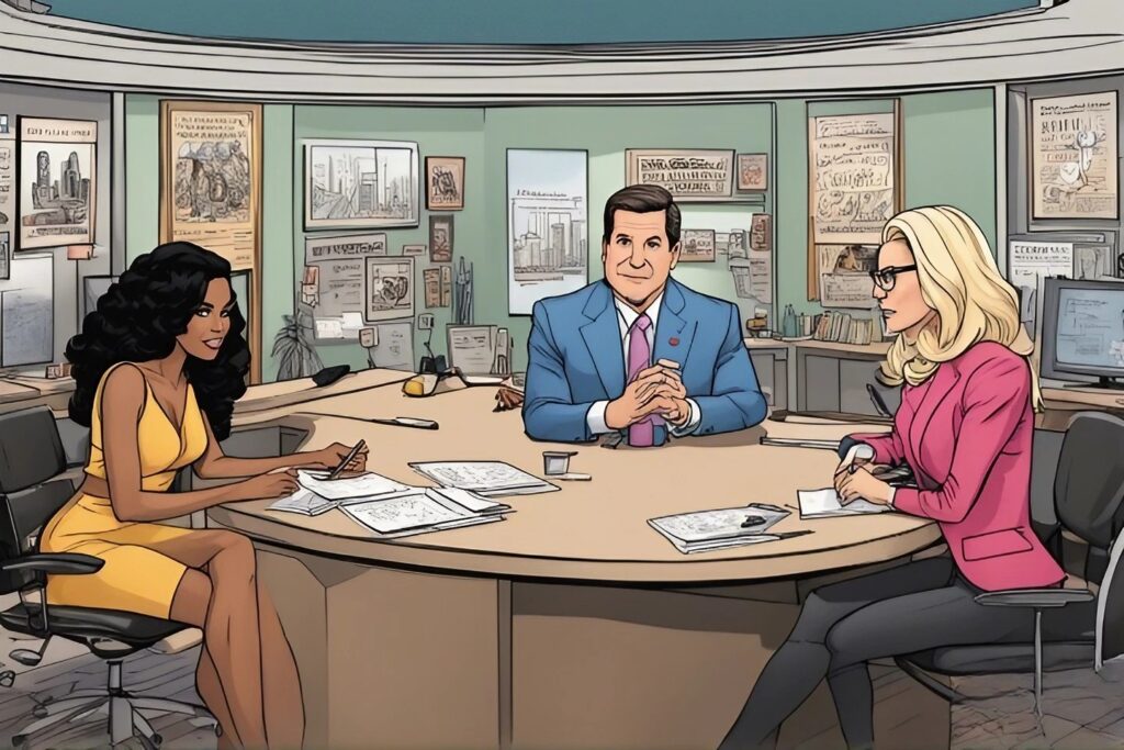 kat timpf, emoni williams and eric bolling on the tv show