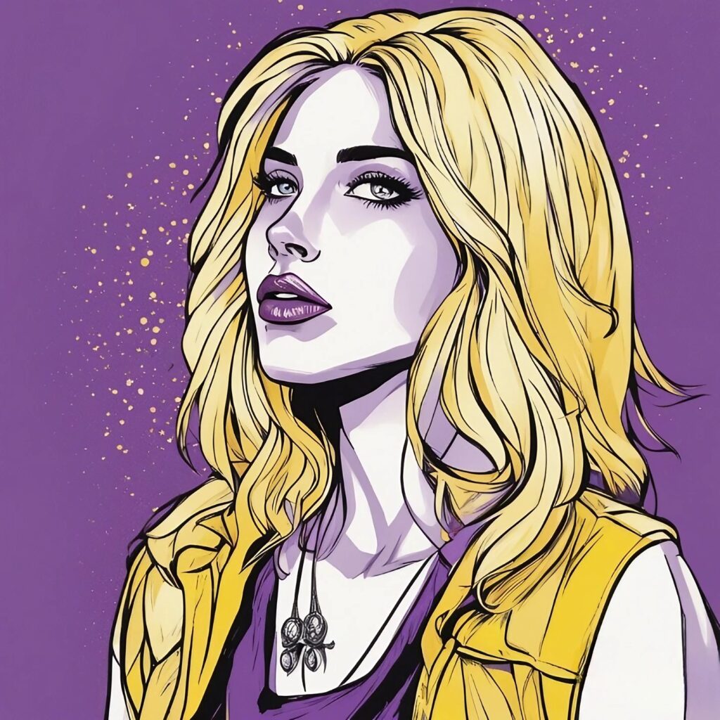 corinna kopf portrait, purple and yellow