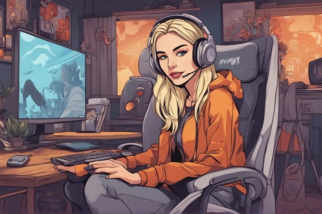 corinna kopf on a gaming chair streaming with big microphone on