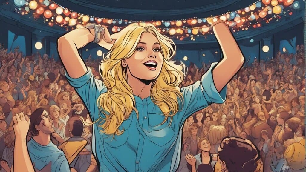 corinna kopf on a party, a lot of people cheering her on