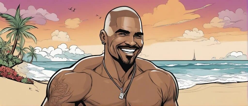 shemar moore on a beach having fun