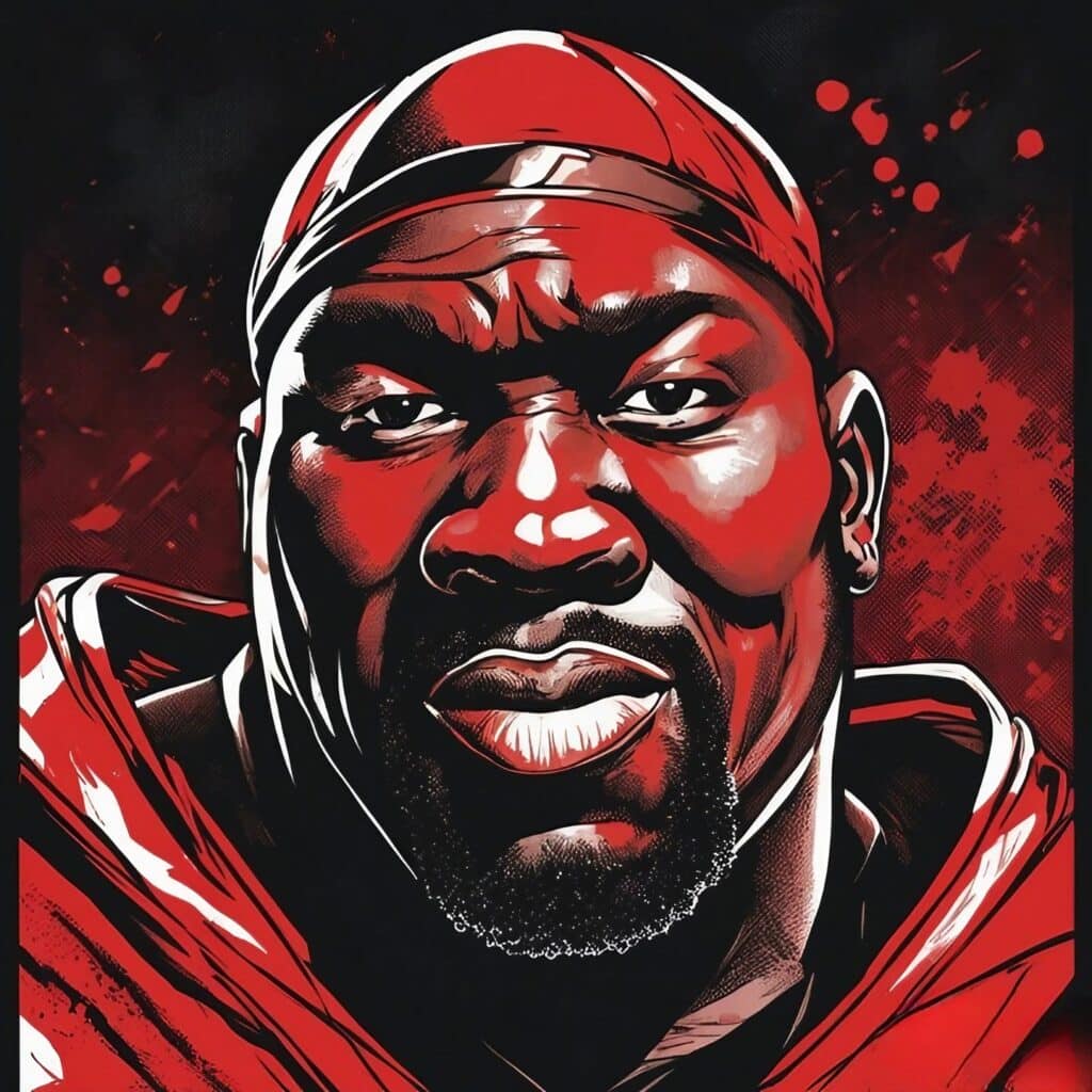 warren sapp portrait, red and black