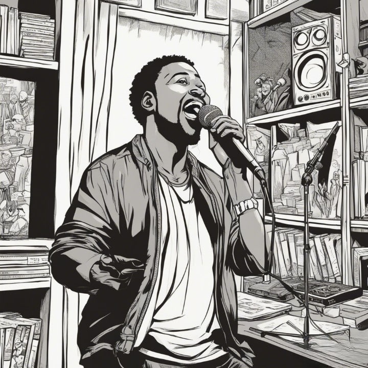 KeemoKazi in his home studio singing a song