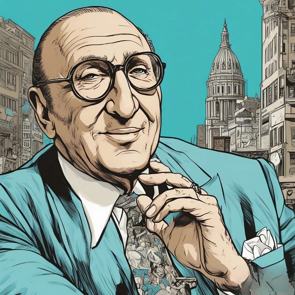 clive davis portrait in the city, cyan and brown