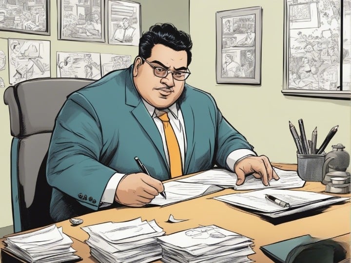 sunny balwani signing his signature on the paper, in his office, blue suit