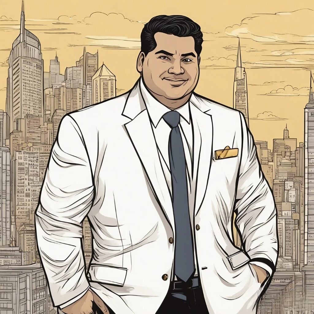 sunny balwani white suit portrait with new york background