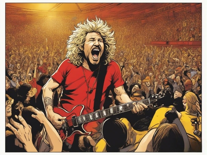 Sammy Hagar singing for the whole arena of people from the stage, fan pov