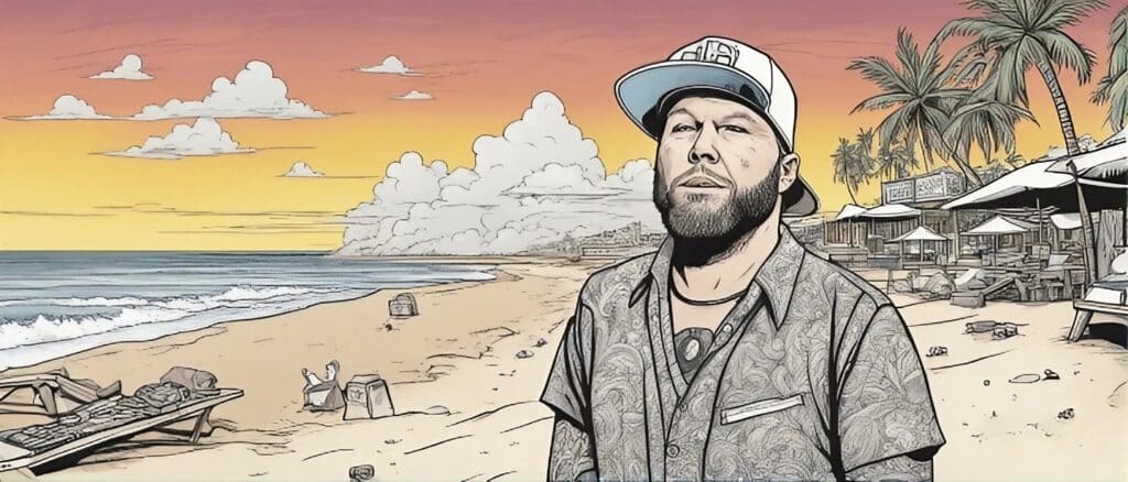 fred durst on a beach having fun, portrait