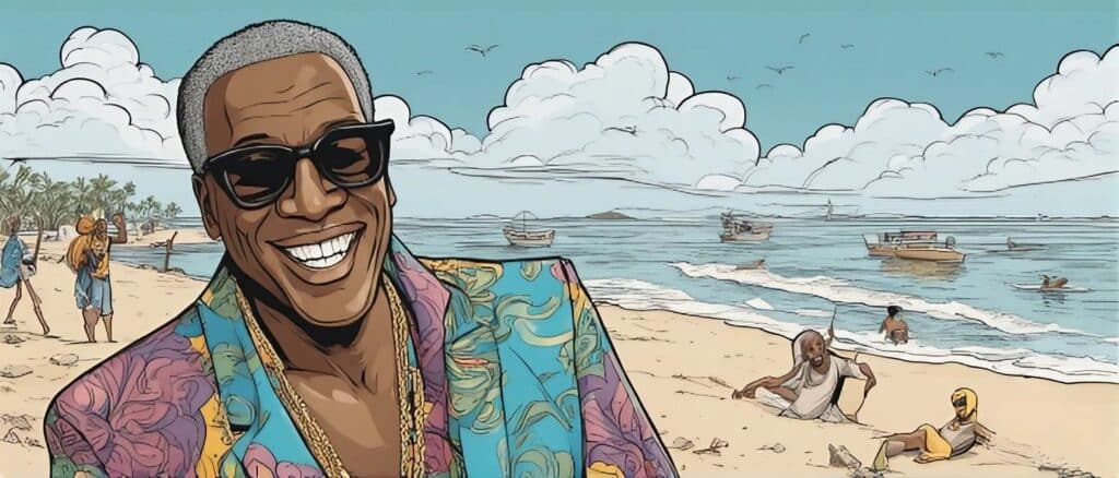 arsenio hall on a beach having fun