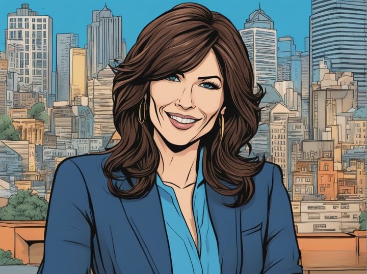 kristi noem portrait as a news journalist, city background