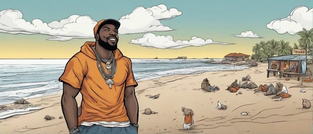 tee grizzly on a beach having fun portrait