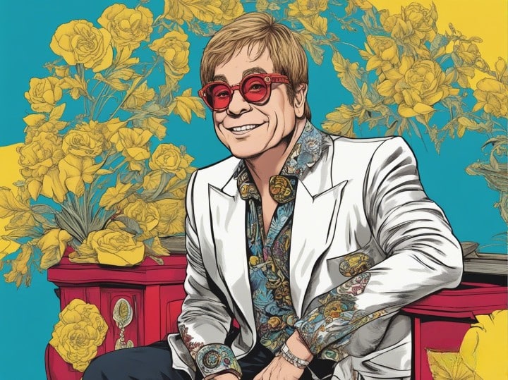 elton john portrait sitting in red chait