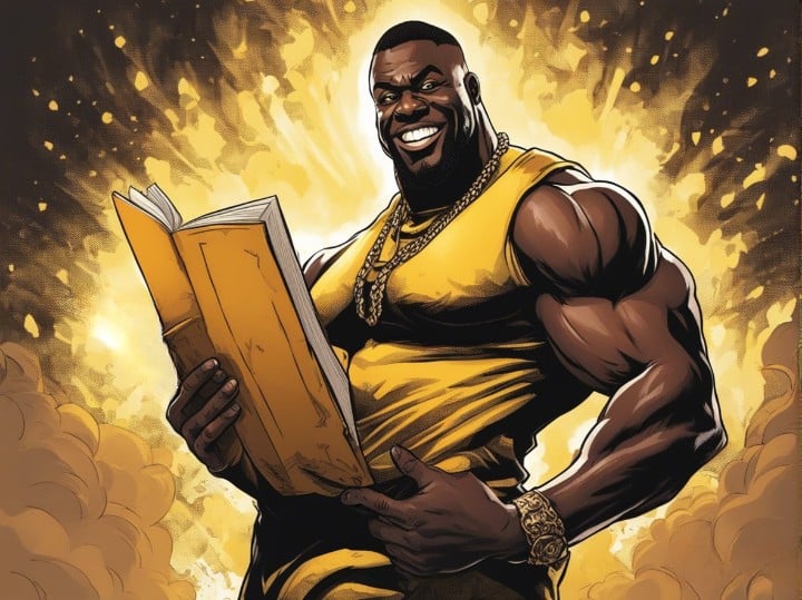 kali muscle holding book in his hands, yellow bright background, 