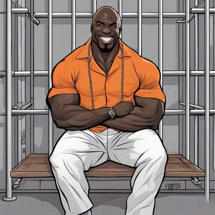 kali muscle in a jail cell wearing orange and white clothes 