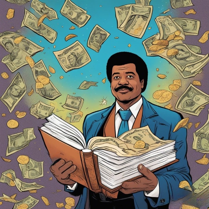 Neil deGrasse Tyson holding his book, money falling from the sky