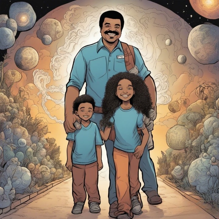 Neil deGrasse Tyson with his two kids in the space