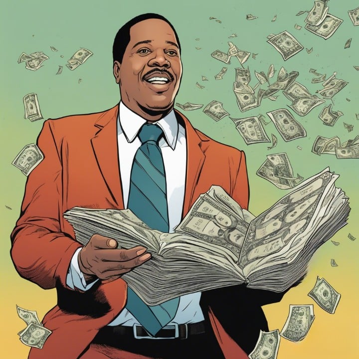 Larry Elder holding book in his hands, money falling from the sky