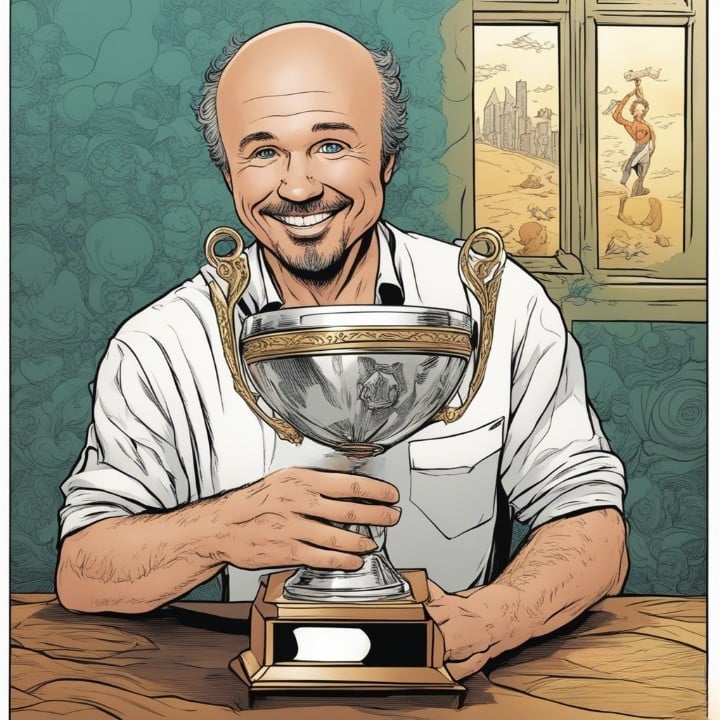 Clint Howard holding a trophy he won