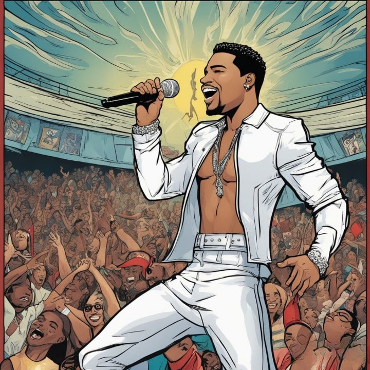 Romeo Santos singing for the crown from the stage, wearing all whites 