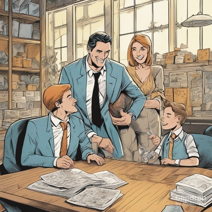 guy in blue suit having fun with his wife and two kids