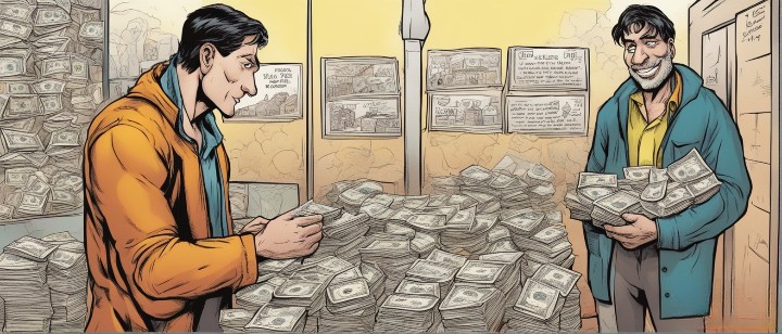 wealthy man in orange suit donating his money to homeless man 