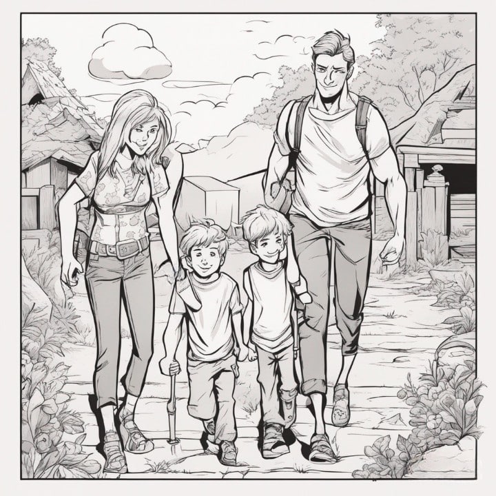 black and white illustrated image of family going for a camping