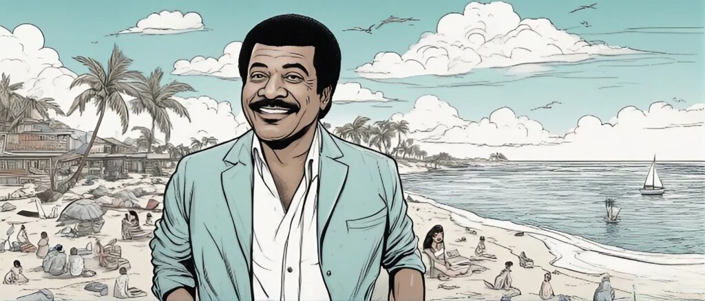 Neil deGrasse Tyson on a beach having fun, portrait