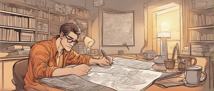 young man writing and studying how to create successful business