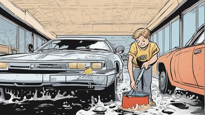 young Aaron Krause washing car in his father's carwash
