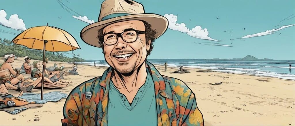 Clint Howard on a beach having fun, portrait
