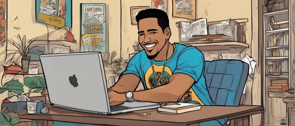 Romeo Santos as a teenager on a laptop