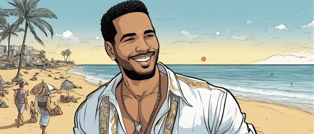 Romeo Santos on a beach having fun, portrait