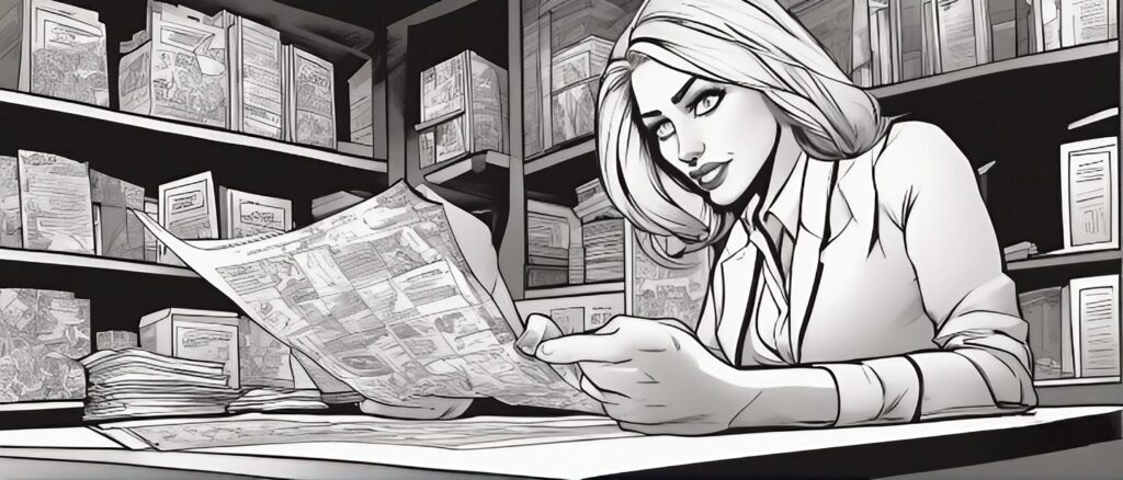 black and white photo of a girl looking at a magazine