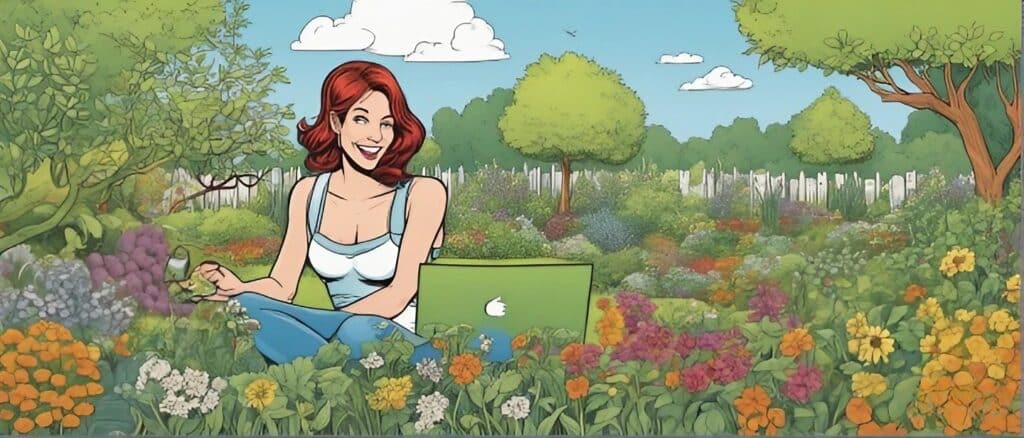 woman with her laptop in her garden looking happy