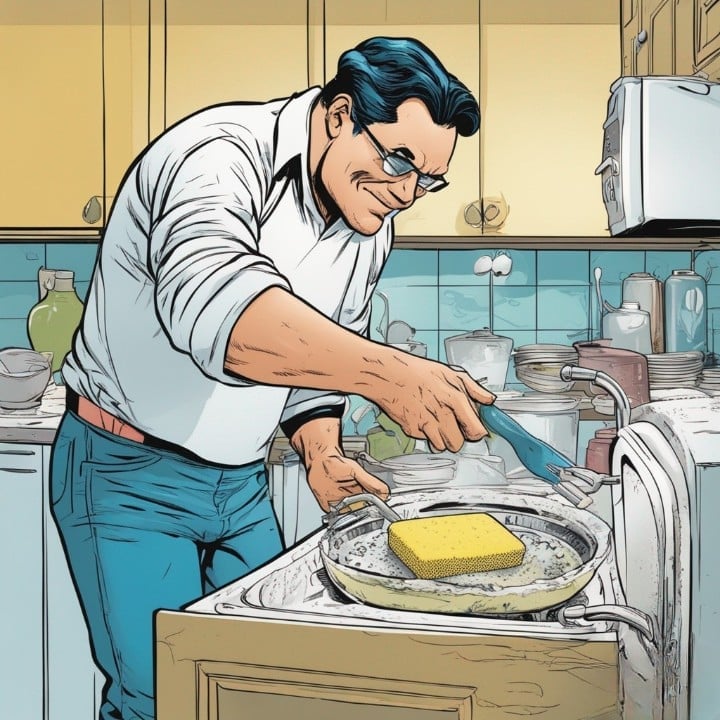 man with glasses cleaning dishes with his new sponge