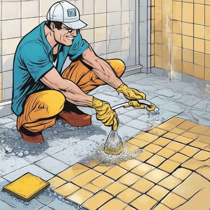 father cleaning the floor with new scrubber