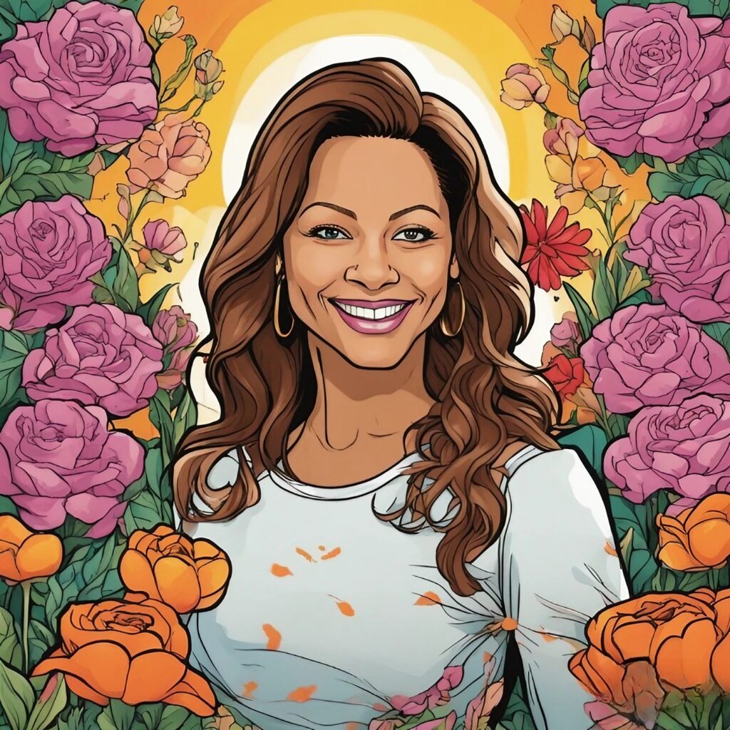 sonya curry with flowers and the sun in the background