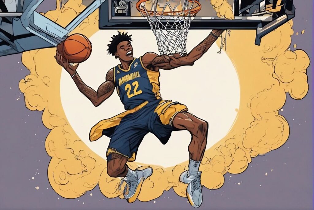 ja morant dunking in the basketball rim with huge sun in the background