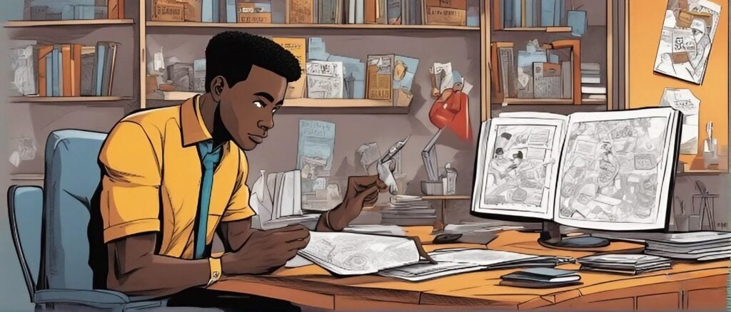 african american boy going lookig at the magazine