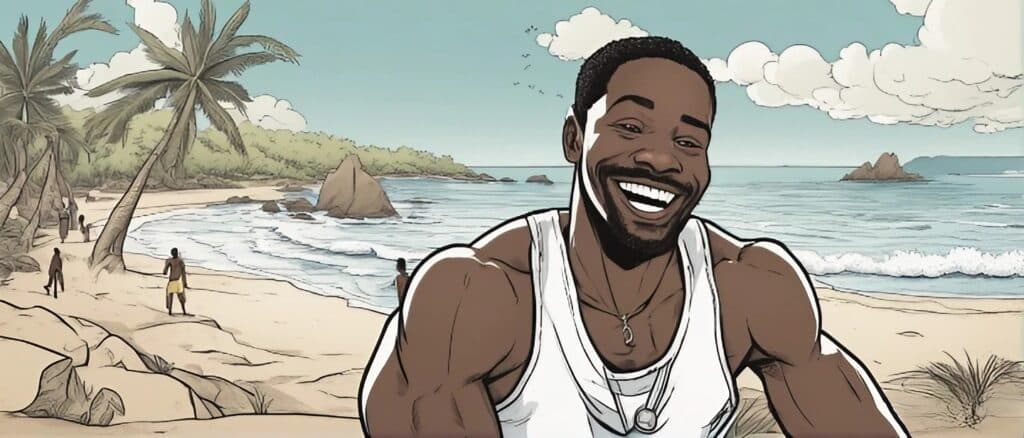 black man on a a beach smiling to the camera